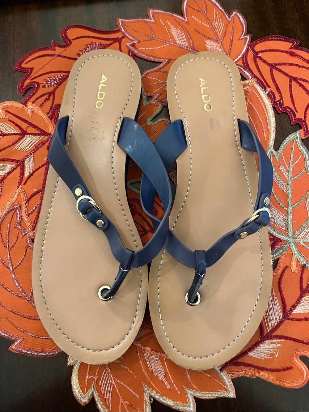 ALDO Navy Blue Leather T-Strap Thong Sandals